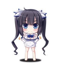 Rule 34 | 10s, 1girl, ^^^, akatuti, bare legs, barefoot, black hair, blue eyes, breasts, chibi, cleavage, dress, dungeon ni deai wo motomeru no wa machigatteiru darou ka, full body, gloves, hair ornament, hands on own hips, hestia (danmachi), large breasts, long hair, looking at viewer, rei no himo, simple background, smile, solo, twintails, very long hair, white background, white dress, white gloves