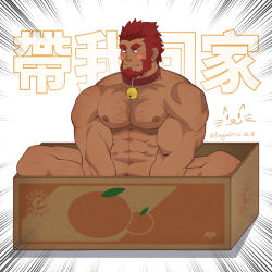 Rule 34 | 1boy, abs, animal collar, bara, beard, blush, box, closed mouth, collar, completely nude, facial hair, fate/zero, fate (series), feiya6022, highres, iskandar (fate), large pectorals, male focus, muscular, muscular male, navel, nipples, nude, pectorals, red hair, short hair, sitting, solo, translation request