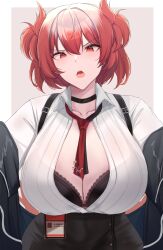 Rule 34 | 1girl, absurdres, arknights, black choker, breasts, choker, fiammetta (arknights), hair between eyes, highres, huge breasts, kanta (kanta 077), looking at viewer, off shoulder, open mouth, pointy hair, red eyes, red hair, shirt, short hair, solo, upper body, white shirt