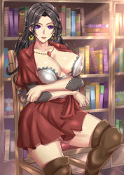Rule 34 | 10s, 1girl, arms under breasts, black hair, book, bookshelf, boots, breasts, brown footwear, cattleya baudelaire, chair, cleavage, collarbone, commentary, crossed arms, dress, earrings, giovanni zaccaria, jewelry, large breasts, long hair, looking at viewer, necklace, purple eyes, red dress, red lips, sitting, smile, solo, thigh boots, thighhighs, violet evergarden (series)