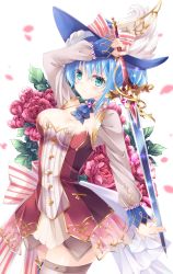 Rule 34 | 1girl, absurdres, aqua eyes, atelier (series), blue hair, blue hat, blush, breasts, cleavage, closed mouth, commission, cowboy shot, flower, hat, highres, holding, holding sword, holding weapon, looking at viewer, medium breasts, nelke to densetsu no renkinjutsushi tachi, nelke von luchetam, petals, pixiv commission, shiny skin, shizuki ayame, short hair, simple background, skirt, smile, solo, standing, sword, thighhighs, weapon, white background