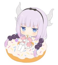Rule 34 | 1girl, black bow, blue eyes, blunt bangs, blush, bow, chibi, commentary, doughnut, dress, english commentary, food, hair bow, hairband, hitsukuya, holding, horns, in food, kanna kamui, kobayashi-san chi no maidragon, long hair, long sleeves, looking at viewer, low twintails, mini person, minigirl, pink dress, purple hair, simple background, sitting, solo, thighhighs, twintails, very long hair, white background, white thighhighs