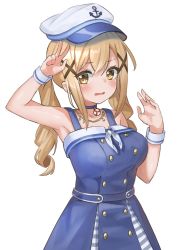 Rule 34 | 1girl, bang dream!, bare shoulders, blonde hair, blush, breasts, choker, collarbone, embarrassed, hair ornament, hat, highres, ichigaya arisa, jewelry, large breasts, looking at viewer, necklace, open mouth, pocari (sq551), salute, twintails, two-finger salute, wavy mouth, x hair ornament, yellow eyes