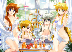 Rule 34 | 4girls, :3, :d, :x, absurdres, asteion, asymmetrical bangs, bathing, bathtub, blue eyes, blush, bow, bowtie, breasts, cat, collarbone, completely nude, covering privates, cup, drinking glass, drinking straw, einhard stratos, fate testarossa, flower, fujima takuya, green eyes, hair between eyes, hair down, hair ornament, hair scrunchie, heterochromia, highres, ice, ice cube, iced tea, large breasts, long hair, looking at viewer, lyrical nanoha, mahou shoujo lyrical nanoha vivid, mother and daughter, multiple girls, navel, nude, official art, open mouth, partially submerged, pitcher (container), plant, purple eyes, red eyes, sacred heart, scan, scrunchie, shampoo hat, shower curtain, sidelocks, small breasts, smile, stuffed animal, stuffed rabbit, stuffed toy, takamachi nanoha, topless, tray, very long hair, vivio, wet, window, wrist scrunchie