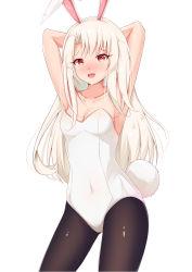 Rule 34 | 1girl, absurdres, animal ears, armpits, arms behind head, arms up, bad id, bad pixiv id, bare arms, bare shoulders, black pantyhose, blush, breasts, catnnn, cleavage, collarbone, contrapposto, covered navel, cowboy shot, embarrassed, fake animal ears, fake tail, fate/kaleid liner prisma illya, fate (series), heart, heart-shaped pupils, highres, hip focus, illyasviel von einzbern, legs apart, leotard, long hair, looking at viewer, nose blush, open mouth, pantyhose, parted bangs, playboy bunny, rabbit ears, rabbit tail, raised eyebrows, red eyes, revision, saliva, simple background, small breasts, smile, solo, standing, straight hair, strapless, strapless leotard, symbol-shaped pupils, tail, thighs, white background, white hair, white leotard