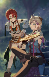 2girls ahoge atelier_(series) atelier_resleriana belt black_footwear black_gloves black_nails blue_eyes boots breasts broken_horn commentary_request copyright_notice earrings frilled_skirt frills gloves green_eyes grin hair_between_eyes hands_on_own_hips heidi_(atelier) highres horns jewelry light_particles long_hair long_sleeves looking_at_another midriff multicolored_hair multiple_belts multiple_girls nail_polish navel night official_art open_mouth orange_skirt outdoors puffy_long_sleeves puffy_sleeves purple_hair red_hair second-party_source shield shirt shoe_soles sideboob sitting skirt smile standing tokki valeria_(atelier) white_shirt