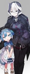 Rule 34 | 1boy, 1girl, black hair, blue eyes, blue hair, cape, child, dress, gradient background, grey background, highres, m g hr, made in abyss, maruruk, multicolored hair, open mouth, ozen, short hair, smile, trap, whistle, white hair