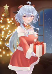 Rule 34 | 1girl, absurdres, ahoge, armpit crease, artist name, bare shoulders, bell, blue hair, blurry, blurry background, blush, bow, box, breasts, carrying, christmas, christmas lights, christmas ornaments, christmas star, christmas tree, collar, commentary, commentary request, cowbell, cowboy shot, depth of field, detached collar, detached sleeves, dress, english commentary, fur-trimmed dress, fur-trimmed sleeves, fur trim, ganyu (genshin impact), genshin impact, gift, gift box, giving, gloves, goat horns, highres, holding, holding box, holding gift, holly, horns, incoming gift, indoors, long hair, long sleeves, looking at viewer, medium breasts, mixed-language commentary, neck bell, night, night sky, open mouth, pantyhose, phile (philerbel531), purple eyes, red bow, red dress, red ribbon, red sleeves, ribbon, santa costume, santa dress, sky, smile, snowing, solo, standing, star (symbol), white gloves, window