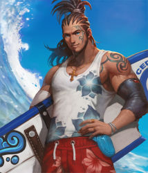 Rule 34 | 1boy, alternate costume, artist request, beard, blue eyes, bracelet, card (medium), cedric (chaos online), chaos online, character name, cornrows, cowboy shot, cross, cross necklace, day, earrings, facial hair, facial tattoo, hand on own hip, highres, holding, holding behind back, jewelry, lens flare, looking at viewer, male focus, muscular, necklace, official art, outdoors, parted lips, ring, sky, solo, surfboard, tank top, tattoo, water, waves