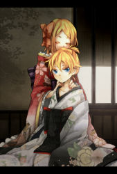 Rule 34 | 1boy, 1girl, blonde hair, blue eyes, bow, brother and sister, closed eyes, hair bow, hair ribbon, hand on neck, japanese clothes, kagamine len, kagamine rin, kimono, ribbon, siblings, tama (songe), traditional clothes, trap, twins, vocaloid