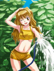 Rule 34 | 1girl, armpits, blonde hair, blush, camisole, crop top, cross channel, crosschannel, flat chest, hose, inue shinsuke, long hair, midriff, one eye closed, outdoors, short shorts, shorts, solo, water, wink, yamanobe miki, yellow eyes