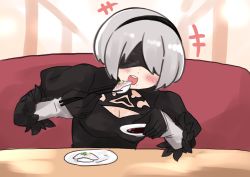 Rule 34 | +++, 1girl, :d, black dress, black gloves, blindfold, blush, breasts, chopsticks, cleavage, couch, dress, eating, food, gloves, grey hair, highres, holding, holding chopsticks, i.u.y, juliet sleeves, long sleeves, medium breasts, mole, mole under mouth, nier:automata, nier (series), open mouth, plate, puffy sleeves, round teeth, sitting, smile, solo, sushi, table, teeth, upper body, upper teeth only, 2b (nier:automata)
