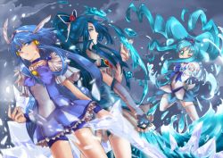 Rule 34 | 00s, 10s, 3girls, aoki reika, bike shorts, blue background, blue eyes, blue hair, blue shorts, blue skirt, blue theme, bow, bowtie, brooch, butterfly hair ornament, choker, color connection, crystal sword, cure aqua, cure beauty, cure marine, hair ornament, hair tubes, hairpin, head wings, heart, heart brooch, heartcatch precure!, ice, jewelry, kurumi erika, long hair, magical girl, minazuki karen, mirrrrr, multiple girls, one eye closed, ponytail, power connection, precure, shorts, shorts under skirt, sidelocks, skirt, smile, smile precure!, sword, thighhighs, tiara, water, weapon, white legwear, wide ponytail, wings, wink, yes! precure 5