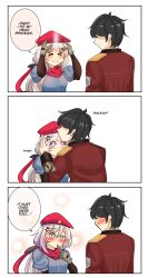 Rule 34 | &gt; &lt;, 1boy, 1girl, 4koma, 9a-91 (girls&#039; frontline), abineko, absurdres, beret, black hair, blue eyes, blush, breasts, comic, commander (girls&#039; frontline), english text, finger to mouth, girls&#039; frontline, gloves, griffin &amp; kryuger military uniform, hair between eyes, hair ornament, hat, heart, hetero, highres, kiss, kissing forehead, long hair, military, military uniform, naughty face, puffy sleeves, scarf, sound effects, speech bubble, tears, uniform, white background, white hair