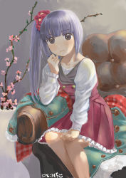 Rule 34 | 10s, 1girl, absurdres, alternate costume, blunt bangs, brown eyes, cherry blossoms, flower, grey hair, hair flower, hair ornament, hair ribbon, highres, kantai collection, kasumi (kancolle), long hair, long sleeves, looking at viewer, misacho (misa1001), ribbon, side ponytail, sitting, smile, solo