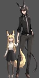 Rule 34 | 1boy, 1girl, :d, age difference, aged down, animal ears, bad id, bad pixiv id, belt, black pantyhose, black skirt, blush, cat ears, cat girl, cat tail, fox ears, fox tail, grey necktie, hand in pocket, heart, highres, holding hands, long hair, long sleeves, looking at viewer, necktie, open mouth, original, pantyhose, sigm@, skirt, smile, tail, turtleneck