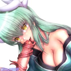 Rule 34 | 1boy, 1girl, blush, breasts, censored, cleavage, dragon girl, dragon horns, fate/grand order, fate (series), fellatio, forked tongue, free note017, green hair, green kimono, hetero, horns, japanese clothes, kimono, kiyohime (fate), large breasts, large penis, licking, licking penis, long hair, long tongue, looking at viewer, mosaic censoring, multiple horns, off-shoulder kimono, off shoulder, open mouth, oral, penis, pov, prehensile tongue, saliva, simple background, tongue, twitter username, upper body, white background, white horns, yellow eyes