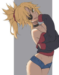 Rule 34 | 1girl, blonde hair, braid, commentary request, cowboy shot, cutoffs, denim, denim shorts, eyepatch, fate/grand order, fate (series), french braid, green eyes, grey background, hair ornament, hair scrunchie, highres, micro shorts, mordred (fate), mordred (fate/apocrypha), open fly, red scrunchie, scrunchie, shorts, smile, solo, sweater, tonee, unworn sweater
