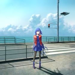 Rule 34 | 1girl, anyotete, arms behind back, blue eyes, blue hair, cloud, colored inner hair, commentary, crosswalk, dress, highres, hood, hood down, jacket, kamitsubaki studio, multicolored eyes, multicolored hair, open clothes, open jacket, outdoors, pantyhose, red eyes, red hair, rim (kamitsubaki studio), shadow, shoes, short hair, sky, solo, standing, traffic light, virtual youtuber, yellow pupils