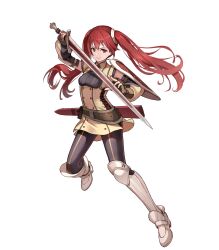 Rule 34 | 1girl, arm shield, black leggings, breasts, female focus, fire emblem, fire emblem awakening, fire emblem heroes, full body, highres, holding, holding sword, holding weapon, leggings, long hair, matching hair/eyes, medium breasts, nintendo, non-web source, official art, red eyes, red hair, severa (fire emblem), sheath, smile, solo, sword, twintails, weapon