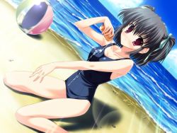 Rule 34 | 1girl, ball, beach, beachball, black hair, clear (visual novel), day, dutch angle, game cg, kneeling, lotion, mitha, non-web source, one-piece swimsuit, red eyes, school swimsuit, short hair, solo, sunscreen, swimsuit, twintails, yukino natsuki