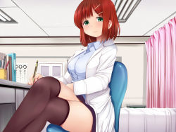 Rule 34 | 1girl, bed, black thighhighs, blue shirt, breasts, chair, coat, collared shirt, crossed legs, curtains, desk, eye chart, green eyes, hair ornament, hairclip, hospital bed, infirmary, kozue akari, lab coat, landolt c, large breasts, legs, long sleeves, looking at viewer, miniskirt, office chair, open clothes, open coat, original, pen, red eyes, red hair, school nurse, shirt, short hair, sitting, skirt, smile, solo, swivel chair, thighhighs, thighs, zettai ryouiki