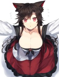 Rule 34 | 1girl, animal ears, armpit peek, bad id, bad pixiv id, bare shoulders, blush, breasts, brooch, brown hair, cleavage, collarbone, commentary request, dress, flying sweatdrops, from above, highres, imaizumi kagerou, jewelry, large breasts, long hair, looking at viewer, looking up, off-shoulder dress, off shoulder, outstretched arms, parted lips, red eyes, seiza, shadow, simple background, sitting, solo, suminagashi, touhou, very long hair, white background, wolf ears