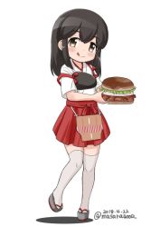 Rule 34 | 1girl, aged down, akagi (kancolle), apron, black hair, brown eyes, burger, commentary request, dated, food, full body, hakama, hakama short skirt, hakama skirt, japanese clothes, kantai collection, long hair, looking at viewer, masara (chuujou), muneate, one-hour drawing challenge, pleated skirt, red skirt, sandals, simple background, skirt, solo, standing, straight hair, tasuki, thighhighs, tongue, tongue out, twitter username, white background, white thighhighs