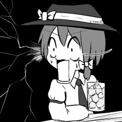 Rule 34 | 1girl, :o, alcohol, beer, black background, bow, cup, drinking glass, fedora, greyscale, hat, hat bow, long sleeves, looking to the side, monochrome, nanachise7, open mouth, short hair, simple background, solo, surprised, touhou, upper body, usami renko