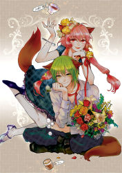 Rule 34 | 1boy, 1girl, animal ears, boots, bouquet, coffee, cup, dress, floating, flower, green eyes, green hair, hair flower, hair ornament, head rest, high heels, indian style, levitation, lily (flower), long hair, long sleeves, open mouth, orange flower, orange rose, pants, pantyhose, petals, pink eyes, pink hair, red flower, red rose, ribbon, rose, shoes, signature, sitting, smile, spoon, sugar cube, tail, tea, teabag, teacup, tmt, white pantyhose, yellow flower, yellow rose, yooani