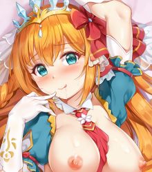 Rule 34 | 1girl, ahoge, between breasts, blush, braid, breasts, commentary request, face, gem, gloves, green eyes, hair between eyes, hair ornament, hair ribbon, large breasts, long hair, looking at viewer, miazi, nipples, orange hair, pecorine (princess) (princess connect!), pecorine (princess connect!), princess connect!, puffy short sleeves, puffy sleeves, red neckwear, red ribbon, ribbon, saliva, saliva trail, short sleeves, smile, solo, tiara, tongue, tongue out, very long hair