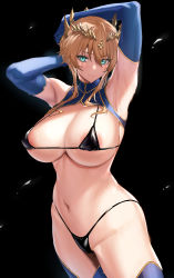 Rule 34 | 1girl, absurdres, aqua eyes, armpits, arms up, artoria pendragon (fate), artoria pendragon (lancer) (fate), bare shoulders, bikini, black background, black bikini, blonde hair, blue gloves, blue thighhighs, blush, braid, breasts, cleavage, closed mouth, cowboy shot, crown, elbow gloves, fate/grand order, fate (series), french braid, front-tie bikini top, front-tie top, gloves, highres, large breasts, looking at viewer, micro bikini, navel, ribbon, short hair with long locks, side-tie bikini bottom, sidelocks, smile, solo, stomach, swimsuit, thighhighs, ulrich (tagaragakuin), yellow ribbon