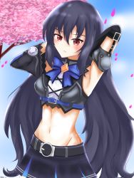 Rule 34 | absurdres, armpits, bare shoulders, belt, black hair, blossom, breasts, cherry blossoms, cloud, crop top, curvy, frown, highres, long hair, medium breasts, navel, neptune (series), noire (neptunia), red eyes, ribbon, ryori, skirt, sky, sports bra, stretching, tree, tsundere, vest