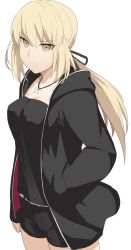 Rule 34 | 1girl, artoria pendragon (all), artoria pendragon (fate), black jacket, black ribbon, black shorts, blonde hair, breasts, collarbone, commentary, fate/stay night, fate (series), frown, jacket, jewelry, long hair, looking at viewer, necklace, official alternate costume, ponytail, ribbon, saber alter, saber alter (ver. shinjuku 1999) (fate), shirt, shiseki hirame, shorts, simple background, solo, white background, yellow eyes