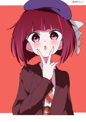 Rule 34 | 1girl, absurdres, arima kana, beret, bob cut, brown vest, hat, hat ribbon, highres, inverted bob, looking at viewer, open mouth, oshi no ko, purple hat, red background, red eyes, red hair, ribbon, short hair, simple background, solo, upper body, v, vest, white gorilla (okamoto)