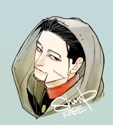 Rule 34 | 1boy, artist name, black eyes, black hair, black jacket, blue background, buttons, cape, closed mouth, collared jacket, commentary request, facial hair, facial scar, from side, golden kamuy, grey cape, hair slicked back, hair strand, hood, hood up, hooded cape, imperial japanese army, jacket, looking at viewer, male focus, military, military uniform, ogata hyakunosuke, portrait, scar, scar on cheek, scar on face, shaapu, short hair, simple background, smile, solo, stubble, undercut, uniform, upper body
