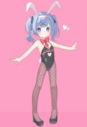 Rule 34 | 1girl, absurdres, aged down, animal ears, bare shoulders, black leotard, blue eyes, blue hair, blush, bow, bowtie, clothing cutout, fake animal ears, fishnet pantyhose, fishnets, flat chest, full body, hair ornament, hatsune miku, heart, highres, leotard, looking at viewer, outstretched arms, pantyhose, pink background, pink pupils, playboy bunny, rabbit ears, rabbit hole (vocaloid), ribbon, smile, solo, spread arms, stomach cutout, tachibana shiori (suica 112), teardrop facial mark, twintails, vocaloid, x hair ornament