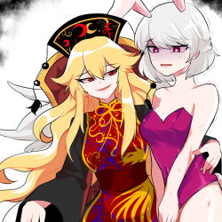 Rule 34 | 2girls, angel wings, animal ears, belt, blonde hair, braid, breasts, bright pupils, brown belt, chinese clothes, cleavage, collarbone, crescent, fake animal ears, french braid, highres, junko (touhou), kishin sagume, large breasts, long hair, long sleeves, mindoll, multiple girls, one-hour drawing challenge, phoenix crown, pink eyes, playboy bunny, rabbit ears, rabbit tail, red eyes, ribbon, scared, short hair, smug, sweat, nervous sweating, tail, throne, touhou, trembling, white pupils, wings, yellow neckwear, yellow ribbon