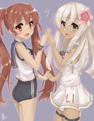 Rule 34 | 2girls, brown eyes, brown hair, cosplay, costume switch, crop top, dress, flower, hair flower, hair ornament, highres, hyouta (nekogamirin c), hyouta (yoneya), kantai collection, libeccio (kancolle), libeccio (kancolle) (cosplay), long hair, multiple girls, ro-500 (kancolle) (cosplay), ro-500 (kancolle), sailor dress, school swimsuit, sleeveless, swimsuit, swimsuit under clothes, twintails