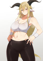 Rule 34 | 1girl, animal ears, arknights, bare arms, bare shoulders, black pants, blonde hair, blush, breasts, cleavage, commentary, cowboy shot, crop top, degenbrecher (arknights), gradient background, grey background, hair between eyes, hands on own hips, highres, horns, large breasts, leggings, long hair, looking at viewer, midriff, navel, pants, solo, sports bra, standing, stomach, thighs, very long hair, wristband, xllam, yellow eyes