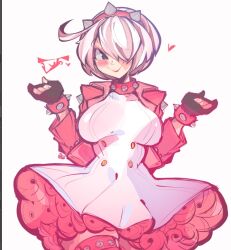 Rule 34 | 1girl, ahoge, black gloves, blush, breasts, commentary, cowboy shot, cropped jacket, dress, elphelt valentine, english commentary, fingerless gloves, gloves, guilty gear, guilty gear strive, hair over one eye, highres, jacket, large breasts, open clothes, open jacket, pink dress, pink jacket, poopiepluto, shirt, simple background, sketch, smile, solo, white background, white dress, white shirt