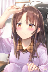 Rule 34 | 1girl, ahoge, arm up, blush, breasts, brown eyes, brown hair, brown shirt, chair, closed mouth, collared shirt, curtains, hand on own knee, highres, holding, holding own hair, indoors, knees up, long hair, long sleeves, maruma (maruma gic), office chair, original, pajamas, pants, plaid, plaid shirt, purple pajamas, purple pants, purple shirt, shirt, signature, sitting, small breasts, solo, swivel chair, wavy mouth