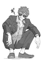 Rule 34 | 1boy, cigarette, collarbone, collared shirt, facial hair, full body, greyscale, highres, jacket, long sleeves, looking at viewer, male focus, meltdown0802, monochrome, mouth hold, nicholas d. wolfwood, pants, shirt, shoes, short hair, simple background, solo, squatting, stubble, sunglasses, teeth hold, trigun, trigun stampede