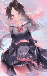 Rule 34 | 1girl, :o, black serafuku, black shirt, black skirt, blue sky, blurry, blurry background, breasts, brown hair, cherry blossoms, commentary request, crop top, crop top overhang, day, dutch angle, floating hair, flower, from below, gluteal fold, hair between eyes, harui (hr x9 ), high ponytail, highres, holding, long hair, long sleeves, looking at viewer, medium breasts, midriff, original, outdoors, panties, panty peek, parted bangs, parted lips, petals, pink flower, pleated skirt, ponytail, purple eyes, sailor collar, school uniform, serafuku, shirt, skirt, skirt hold, sky, solo, thighs, tree, underwear, wading, water, water drop, wet, wet clothes, wet hair, white panties, white sailor collar