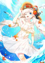 Rule 34 | 1girl, :d, absurdres, bad id, bad pixiv id, ball, bare shoulders, beach, beachball, bird, blue eyes, blue sky, clam shell, clear sky, collarbone, conch, day, dress, eagle, fate/grand order, fate (series), flower, hair flower, hair ornament, hair ribbon, hat, hibiscus, highres, lepoule (kmjh90), long hair, marie antoinette (fate), marie antoinette (fate/grand order), marie antoinette (swimsuit caster) (fate), marie antoinette (swimsuit caster) (second ascension) (fate), one eye closed, open mouth, outdoors, partially submerged, petals, ribbon, rose, scallop, seashell, shell, silver hair, sky, sleeveless, smile, solo, standing, starfish, twintails, very long hair, wading, water, white dress