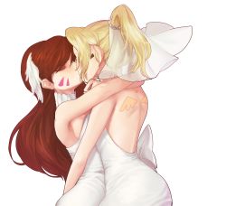 Rule 34 | 2girls, back, backless dress, backless outfit, bare shoulders, blonde hair, breasts, brown hair, closed eyes, d.va (overwatch), dress, eyelashes, facepaint, facial mark, giji-p, hands on another&#039;s back, highres, hug, kiss, long hair, medium breasts, mercy (overwatch), multiple girls, overwatch, overwatch 1, ponytail, simple background, tattoo, turtleneck, whisker markings, white background, white dress, wife and wife, yuri