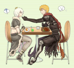 Rule 34 | 2boys, ?, alternate color, armor, armored boots, assassin cross (ragnarok online), black cape, black gloves, black pants, black shirt, blonde hair, boots, cape, chair, commentary request, crop top, crown, cup, drinking straw, emoticon, fingerless gloves, food, food on face, fork, full body, fur-trimmed cape, fur-trimmed jacket, fur trim, gauntlets, gloves, green background, grey cape, grey eyes, grey jacket, grey pants, holding, holding fork, holding spork, jacket, looking at another, misuguu, multiple boys, open clothes, open jacket, open mouth, pants, pauldrons, plate, ragnarok online, red eyes, red scarf, scarf, shirt, short hair, short sleeves, shoulder armor, sitting, spoken question mark, spork, stalker (ragnarok online), steak, striped, striped background, table, tea, teacup, torn cape, torn clothes, torn scarf, waist cape, white hair