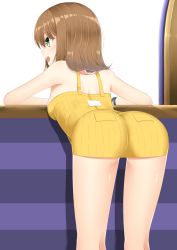 Rule 34 | 1girl, ass, bare shoulders, blush, breasts, brown hair, dress, final fantasy, final fantasy viii, from behind, green eyes, highres, leaning, leaning forward, open mouth, selphie tilmitt, shiny clothes, shiny skin, short dress, short hair, sideboob, small breasts, smile, solo
