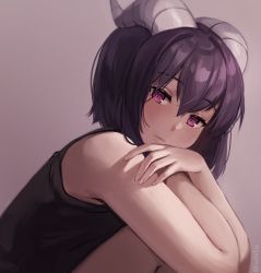 Rule 34 | 1girl, black shirt, blush, closed mouth, crossed arms, from side, highres, horns, iwbitu, knees to chest, looking at viewer, medium hair, original, pink eyes, purple hair, shadow, shirt, signature, simple background, solo, squatting