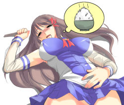 Rule 34 | 1girl, blue skirt, blush, breasts, brown hair, chopsticks, detached sleeves, dreaming, covered erect nipples, closed eyes, hair ribbon, huge breasts, hungry, impossible clothes, impossible shirt, large breasts, long hair, nipples, os-tan, ribbon, rice, saliva, shirt, skirt, sleeping, solo, tress ribbon, xp-tan